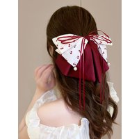 1PC Polyester Plastic Red Cherry Printed Bow Beads Shark Hair Clip Retro Elegant Cute For Women Girls Hair Accessories Gift