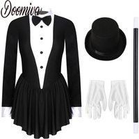 Women's Tuxedo Bodysuit Leotard Figure Ice Skating Dress Long Sleeve Modern Ballet Dancewear with Hat Circus Ringmaster Costumes