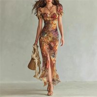 Summer New Women V Neck Print Waist Cinched Ruffle Trim Loose Temperament Versatile Long Dresses Fashion Vacation Style Dress