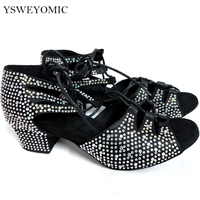 Low Heel 4cm Dance Shoes For New Dancer Suede Sole Black Satin Rhinestones Latin Ballroom Women Dance Shoes 34-42 size