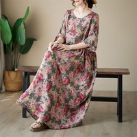 Summer Women's Cotton Lin Dress round Neck Print Bohemian Long Skirt Simple Elegant Maxi Dress Pink Floral Batwing Sleeve