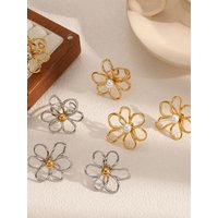 Delicate Stainless Steel Hollow Flower Open Rings and Earrings Set for Women Trendy Jewelry Accessories Gifts