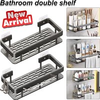 Zestaw 2 szt. półek prysznicowych bez wiercenia, nierdzewny aluminiowy organizer łazienkowy montowany na ścianie z haczykami, otworem odpływowym, podw
