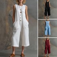 Women Summer Tank Jumpsuit Sleeveless Button Down Cropped Rompers Loose Wide-Leg Overall Pockets Hot Sale