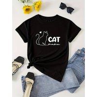 Cat Mama Print T-shirt, Casual Short Sleeve Crew Neck Top For Spring & Summer, Women's Clothing