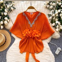Diamonds 3D Floral Blouse Feminine Batwing Sleeves Lace Up Slim Summer Tops Office Lady Pleated Luxury Elegant Shirt