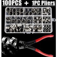 100 Stück verpackte Edelstahl-Einzelohr-Reifen-Kombination + Schraubstock-Klemmringe, Crimp-Klemmen-Set, Zange, Holzbearbeitungsklemmen