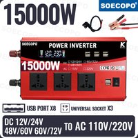 15000W All-in-One Power Inverter DC 12V/24V/48V/60V/72V to AC 110V/220V 3 Universal Sockets 8 USB LCD Smart Fan for Home RV