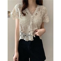 Crochet Top Button Front V-Neck Short Sleeve Open-knit Embroidery Floral Blouse Women Summer Boho Beach Cover Up Vacation Outfit