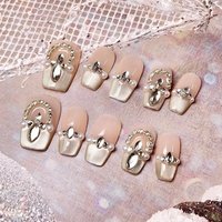 10pcs Short Trapezoid Handmade Press On Nails Kit, Golden Fake Nails, Noble Royal Wearable Nail Art, Rhinestone Ring, Princess