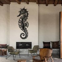 Modern Minimalist Cutout Seahorse Iron Plaque 2D Flat Intricate Pattern Marine Themed Home & Office Wall Hanging.