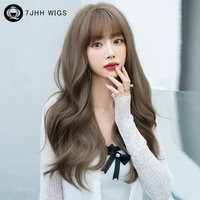 7JHH WIGS Light Brown Body Wavy Wigs with Bangs for Women Daily Use High Density Synthetic Loose Layered Fashion Wig Costume Wig
