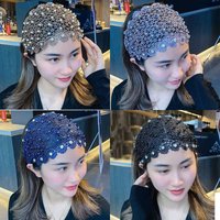 Floral Lace Wide Headband for Women, Rhinestone Beaded Hollow Flower Elastic Hair Band, Vintage Stretch Lace Turban Cover