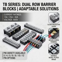 15A/25A/45A 600V Dual Row Barrier Terminal Block TB Series (3-12 Positions) Screw Connector for Electrical Panels TB1503 TB2512