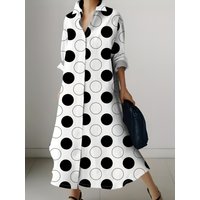 Black and White Polka Dot Print Long Sleeve Dress Vacation Style Button Down A-Line Midi Dress Summer Casual Women Clothing