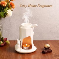 Charming Rabbit Ceramic Oil Burner, Tree Stump Wax Melt Warmer for Aromatherapy, Nordic Style Tealight Holder Home Decor