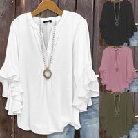 Women's V Neck Ruffle Sleeve Blouse Split Neck Layered Flare Cuff Casual Loose Chiffon Tops for Woman Clothing