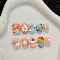 10pcs Pure Hand Pressed Short Square Nail Art,Nice Fake Nails,Colorful Summer,Rainbow,Clouds,Love,Cherries,Ideal For Women,Cute
