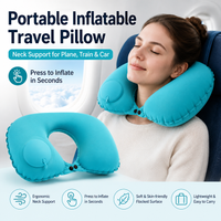 Portable Inflatable U-Shaped Travel Pillow with Press Pump, Soft Flocked Neck Support Cushion for Plane Train Car Trips