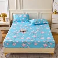 3PC Floral Fitted Sheet Set, Blue Pink Magnolia Printed Bedding Set with Pillowcases, Soft Microfiber Bed Sheet for Bedroom