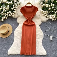 2025 New Chic Knitting Women Dress Hollow Out Halter Elastic Skinny Fashion Solid Split Design Vintage Elegant Maxi Long Dress