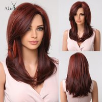 ALAN EATON Auburn Red Highlight Layered Wigs with Side Bangs Synthetic Natural Hair Wigs for Black Women Afro Wig Dark Red