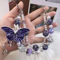 Cool Glitter Rhinestone Phone Chain Double Layer Luxury Butterfly Key Chain Tassel Car Key Decor Beads Bag Pendant Key Chain