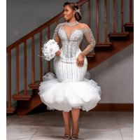 Sparkly Crystal Beads Short Wedding Dress O-neck Long Illusion Sleeves Tiers Mermaid Bridal Bride Party Grown Vestidos De Noiva