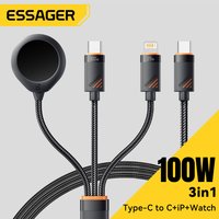 Essager 3 in 1 100W USB C Charging Cable for Apple iWatch iPhone 16/15/14/13 Pro With Type C Lightning Fast Charging Cable