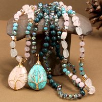 1Pc Rose Quartz Water Droplet Wrapped Silk Life Tree Pendant Necklace, Bohemian Women's Necklace Holiday Gift