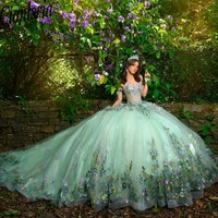 Mint Green Appliqued Ball Gown Off Shoulder 3D Flowers Princess Sweet 16 Vestidos De 15 Anos Birthday Quinceanera Dresses MQ643