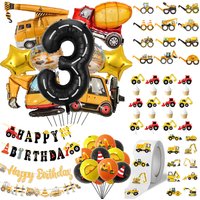 Construction Tractor Theme Boy Birthday Gift Packaging Sealing Sticker Paper Encourage Cake Topper Banner Balloon Set Party Supp