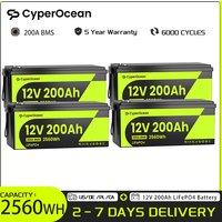 CyperOcean 12V 200Ah LiFePO4 Batterie 4er-Pack, Deep Cycle 2560Wh, 200A BMS mit Niedertemperaturschutz für Wohnmobile, Boote, Golfcarts, Vans, Camping und Solarspeicher, 5 Jahre Garantie