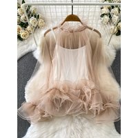 Sexy See-through Lace round Neck Shirt Women's Summer Style Age-reducing Flounce Hem Top Korean Style Long Sleeve Breat...