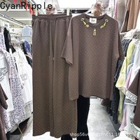 New Spring Summer Women Two-piece Set Hot Diamonds Loose Short Sleeve T-shirt Top + Elastic Waist Casual Wide Leg Straight Pants