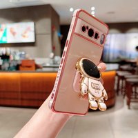 Cute Astronaut Fold Holder Phone Case for Google Pixel 8 9 10 Pro XL 10A 9A 8A 7A Luxury Plating Silicone Soft Shockproof Cover
