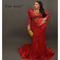 Plus Size Red Long Sleeves Mermaid Evening Dresses Sparkly Crystals Beaded African Wedding Reception Party Gowns Customized