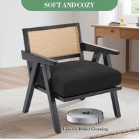 Mid-Century Farmhouse Accent Chair with Rattan Backrest & Teddy Velvet, Wood Armchair for Living Room, Bedroom, Easy Assembly