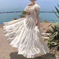 French Elegant Evening Birthday Party Dress Women Summer Slash Neck Design Fairy White Dress Chic Vintage Beach Long Dress 2026