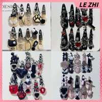 Dark Gothic Spice Girl Handmade Long Stiletto Reusable Press On Nails Metal Spider Wings Flower Bowknot Cat Paws Pearl Fake Nail