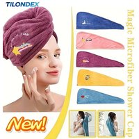 TILONDEX 1PC Cartoon Embroidered Microfiber Hair Towel Wrap Quick-Drying Button Closure Shower Cap