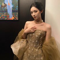 Gold Strapless Evening Gown Heavy Work Luxury Birthday Dress Fish Tail Wedding Dress High Waist Other Fabric Chinese Made