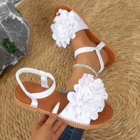 Women's White Floral Flat Sandals Elastic Ankle Strap Open Toe Summer Beach Casual Shoes Ladies Bohemian Comfort Footwear