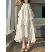 Romantic Style Asymmetrical White Pleated Cake Half Skirt Women's High Waist Slimming Lace Trim A-Line Umbrella Long Skirt