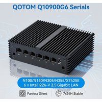 QOTOM Mini PC Firewall Router Q10900G6 N100/N305/X7425E Processor Fanless DC 12V AES-NI - 6 x I226-V 2.5G LAN WIN10/Linux