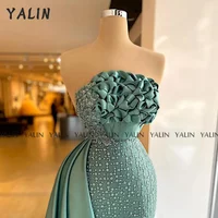 Customized Green Evening Dress Mermaid Prom Scalloped Neck Sleeveless Sweep Train Hand Pleated Sequined abiti da cerimonia