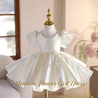 Meadow White Satin Princess Girls Dress Puffed Sleeve Kids Birthday Party Dress with Bow and Flowers Pageant Dress for Girl