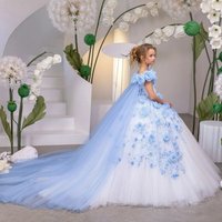 Luxury Lace Flower Girl Dress Tulle Blue Flowers Floral Appliques For Wedding Kids Princess Birthday Prom Party Banquet Gown