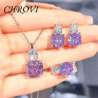 Retro 925 sterling silver necklace with purple diamond pendant, stud earrings, ice flower cut ring, gemstone set set for women