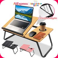 5-Height Adjustable Laptop Desk - Foldable Bed Table with Cup Slot & Book Holder